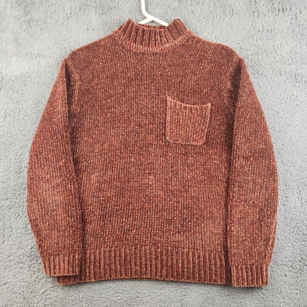 Chenille Vintage Mock Neck Sweater Women Medium Pullover Ribbed Rust Orange Cozy